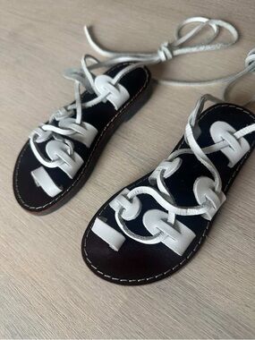 Girls' Black & White Lace-Up Leather Sandals